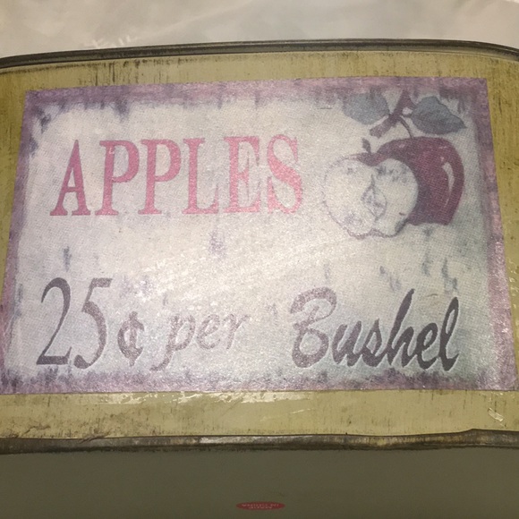 Apples Metal Decorating fruit Bucket 9”x5”x6” Lt Green Distressed look W Handles - Picture 4 of 6